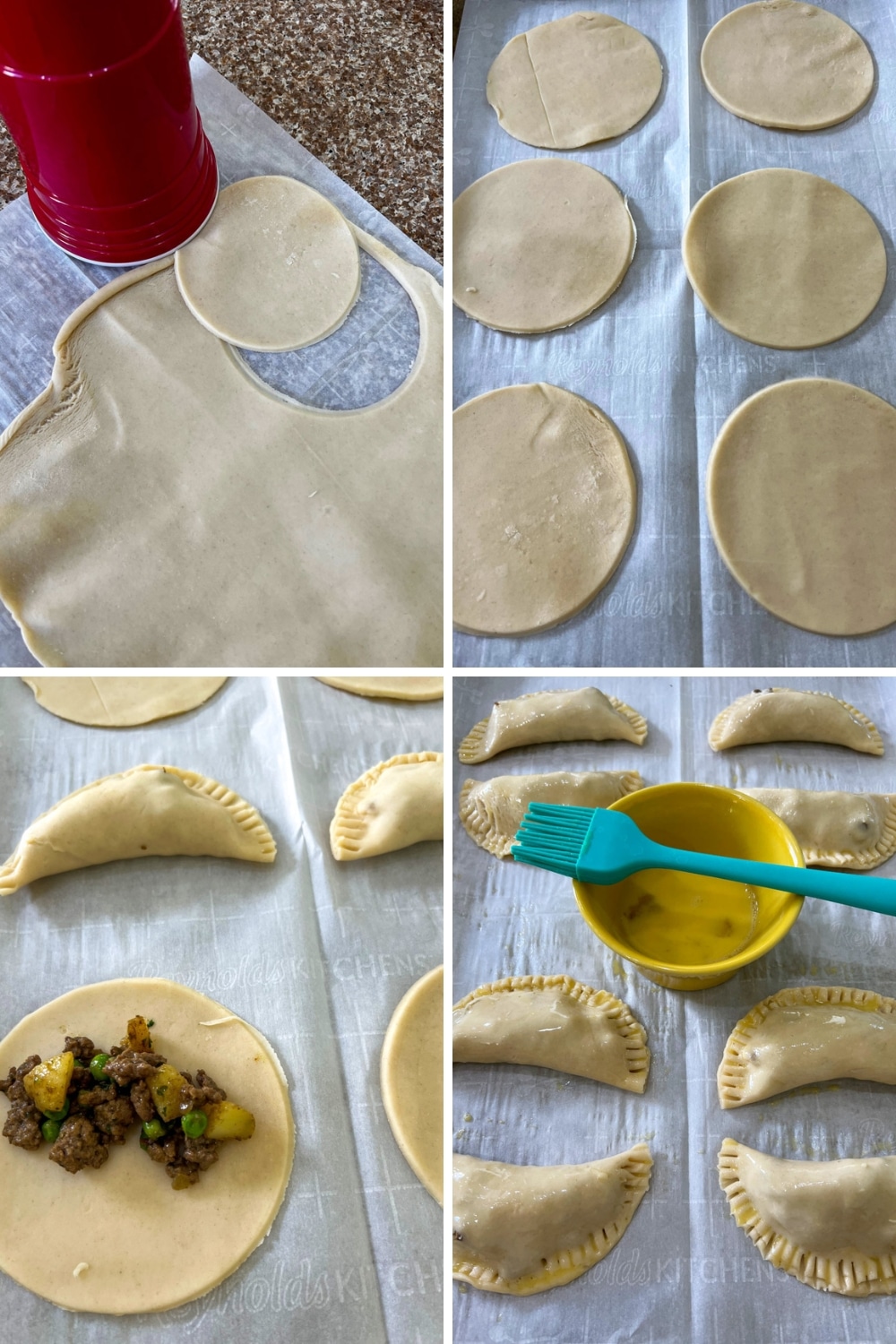 four photos showing how to assemble samosas
