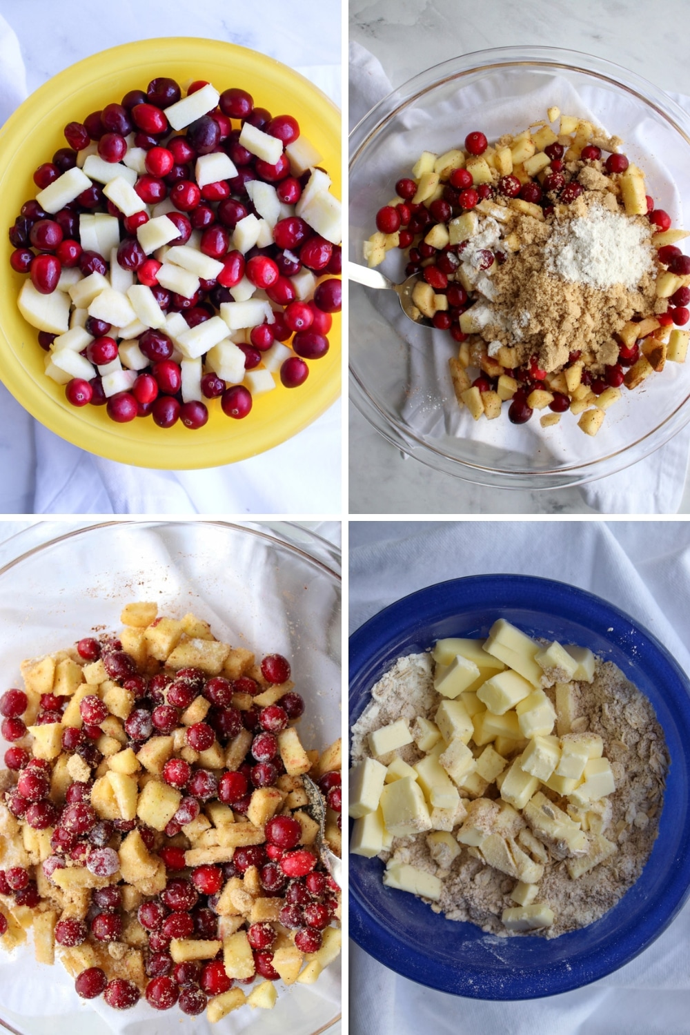 four photos showing stages of making cranberry apple crisp