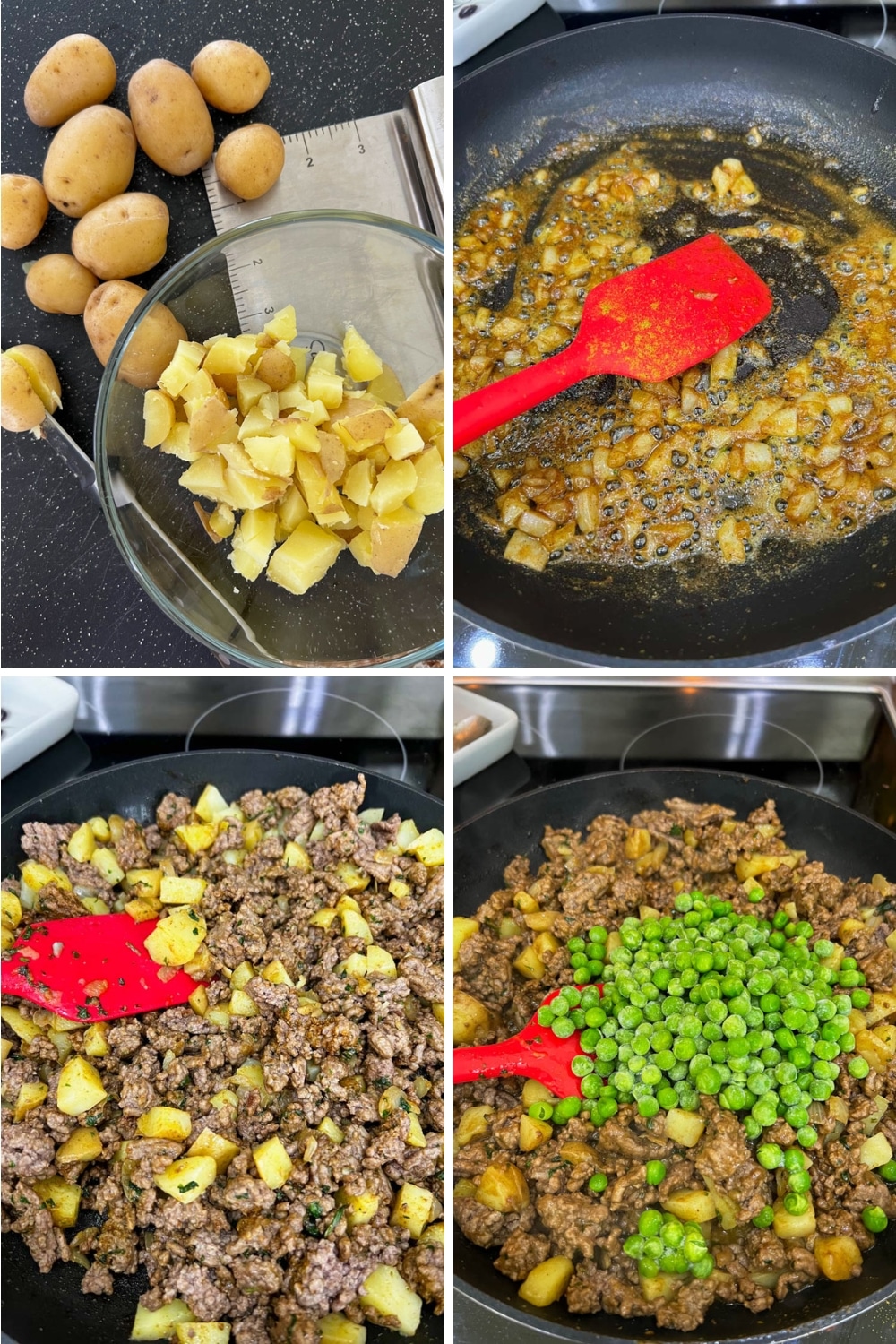 four photos showing how to make beef curry samosas