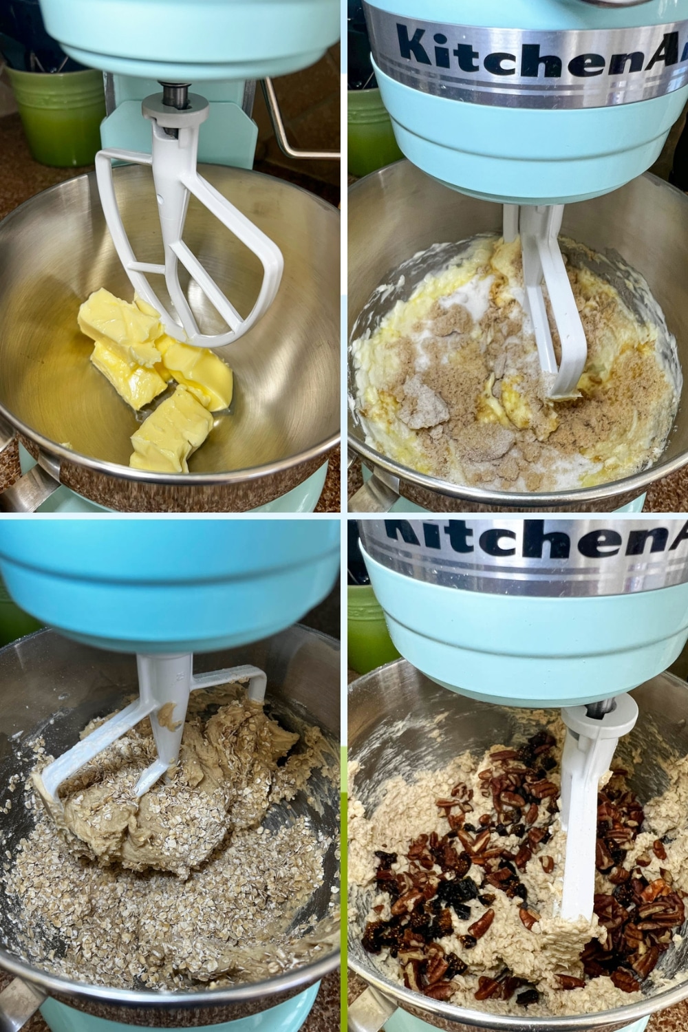 four photos of cookie dough in stages in a stand mixer