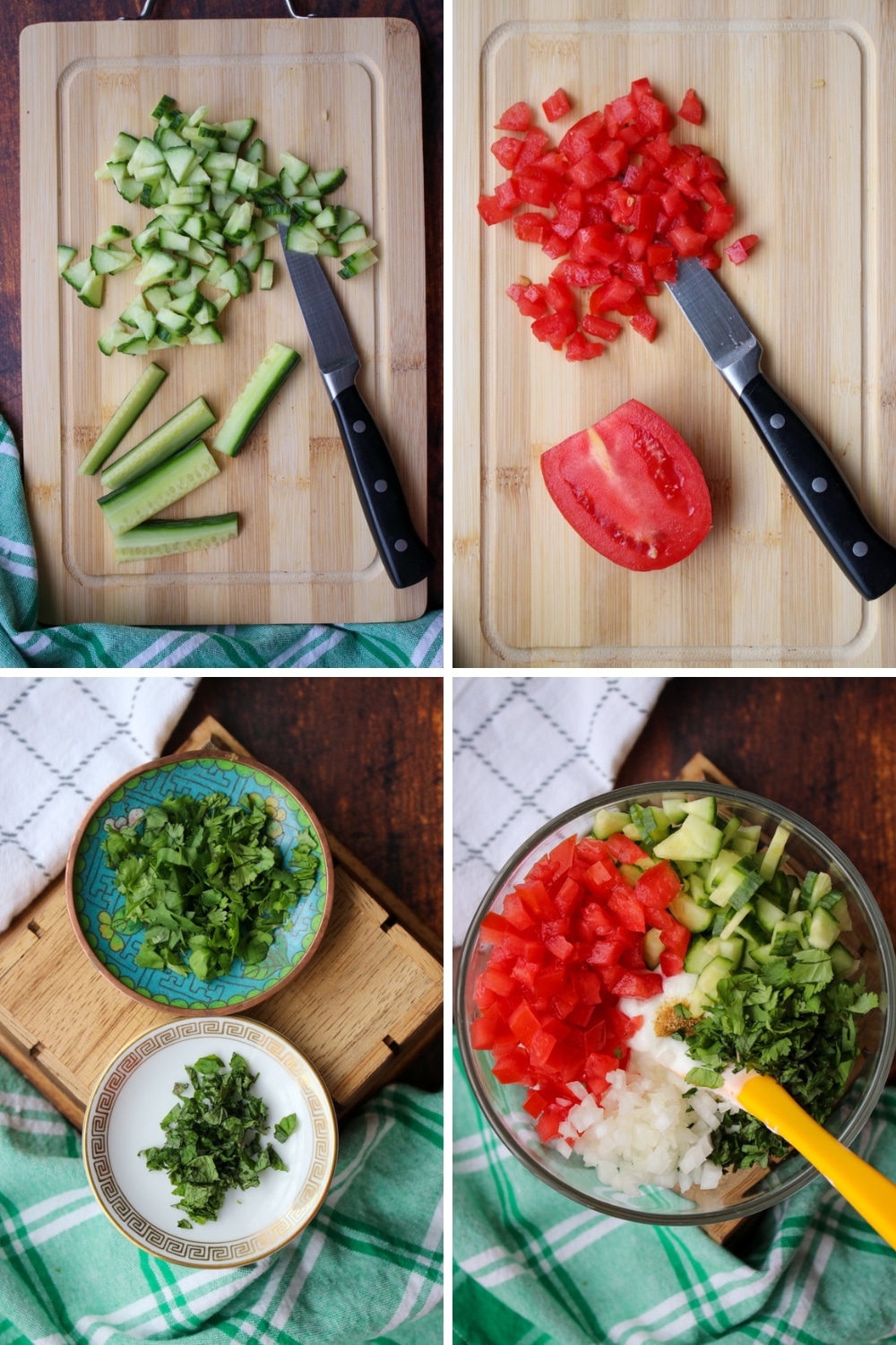 four photo collage showing how to make raita