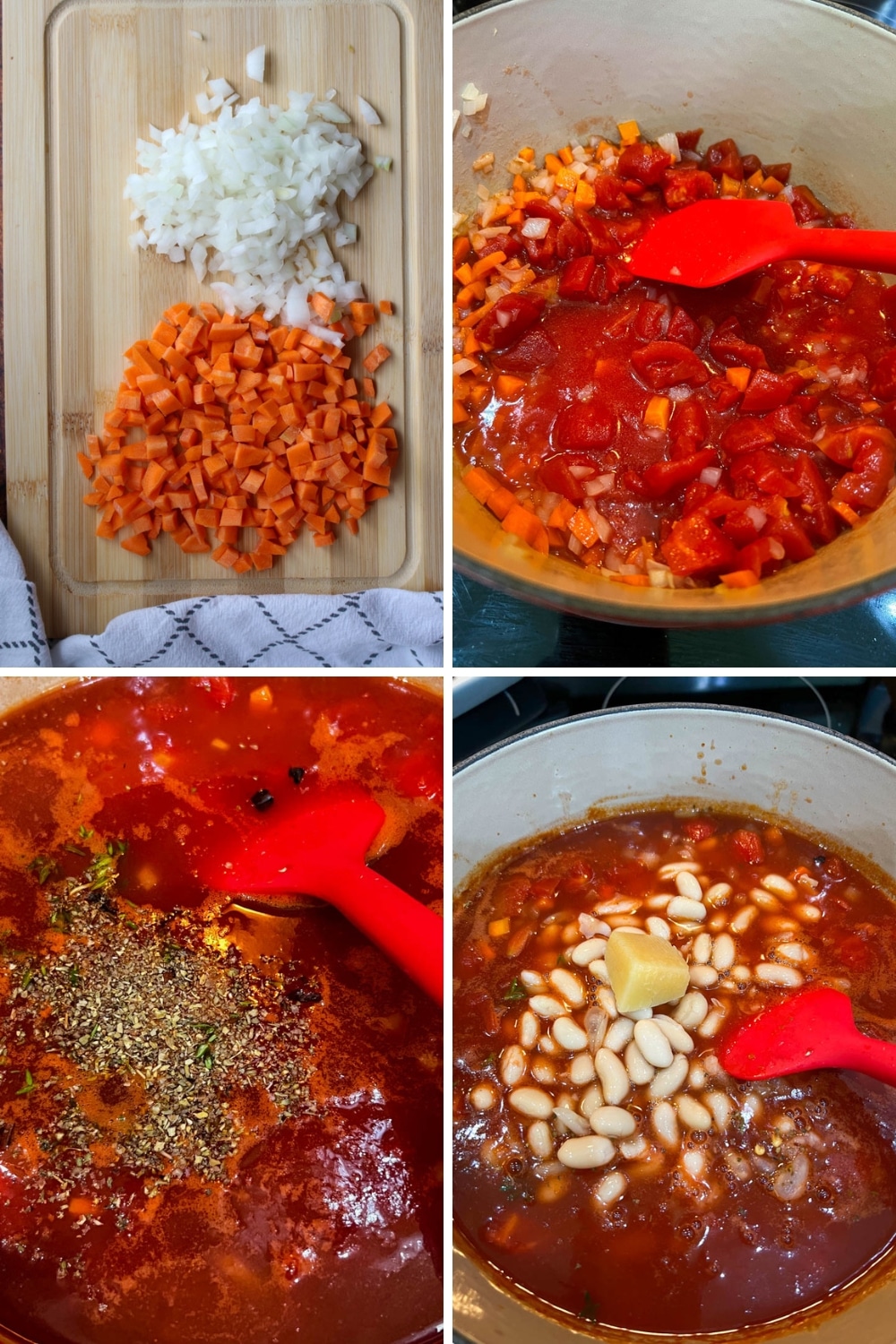 photo collage showing how to make white bean tomato soup