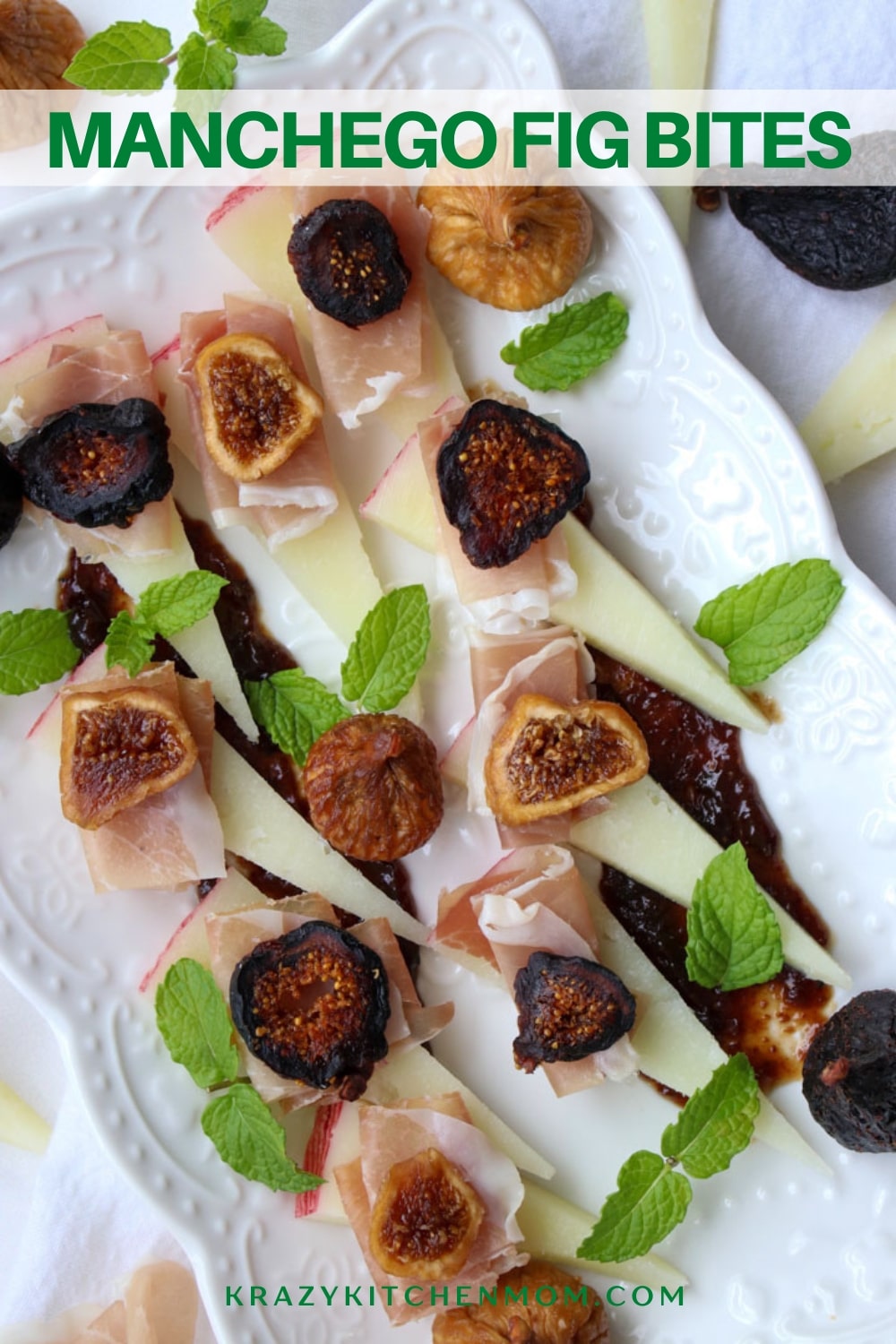 Buttery Nutty Manchego cheese paired with fresh fig slices, fig jam, and prosciutto make the perfect 2-bite handheld appetizer. This super simple appetizer will definitely be on my holiday appetizer menu this year! via @krazykitchenmom