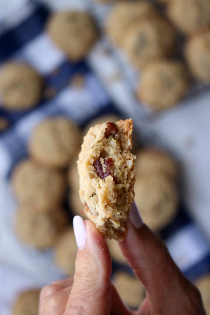 woman's hand holding a oatmeal cookie with a bite out of it