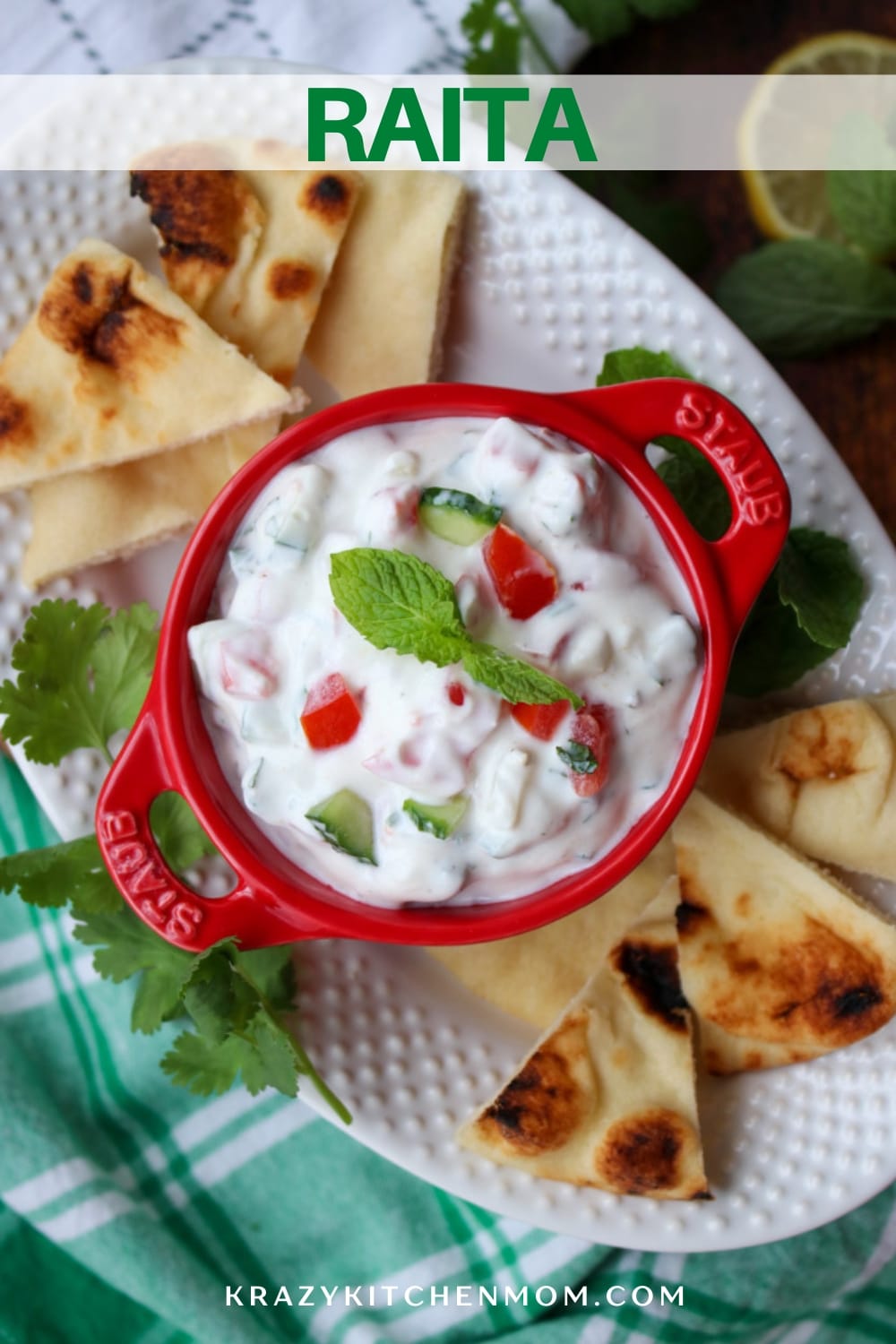 A creamy cool Indian yogurt-based dipping sauce that pairs perfectly with grilled pita bread, fresh veggies dipper, and spicy foods. via @krazykitchenmom