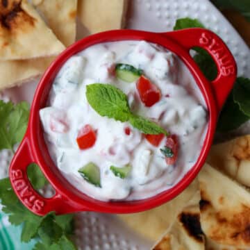 red bowl filled with raita surrounded by pita chips