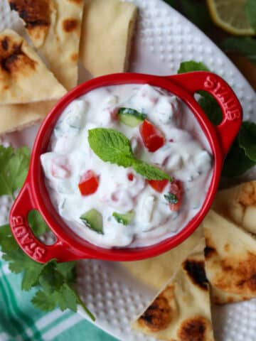 red bowl filled with raita surrounded by pita chips