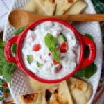 red bowl filled with raita on a white plate with pita chips