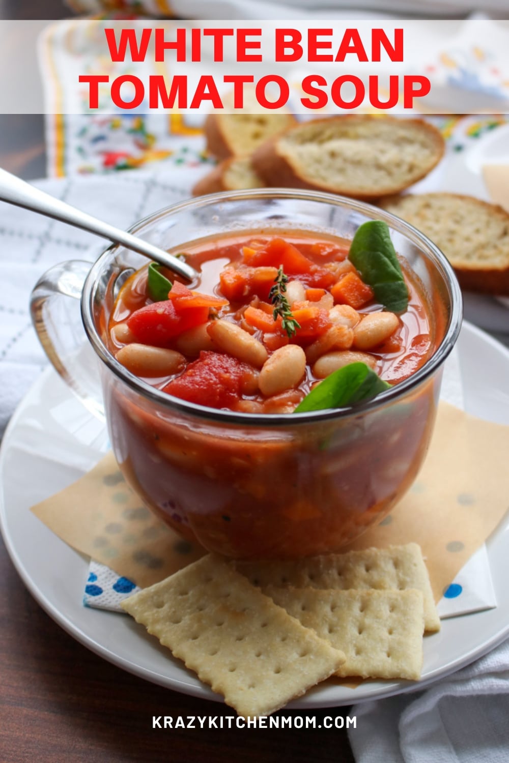 White Bean Tomato Soup is a hearty, low-calorie, low-carb, tomato-based soup. It's made with canned tomatoes, beans, carrots, spinach, herbs, and spices. via @krazykitchenmom