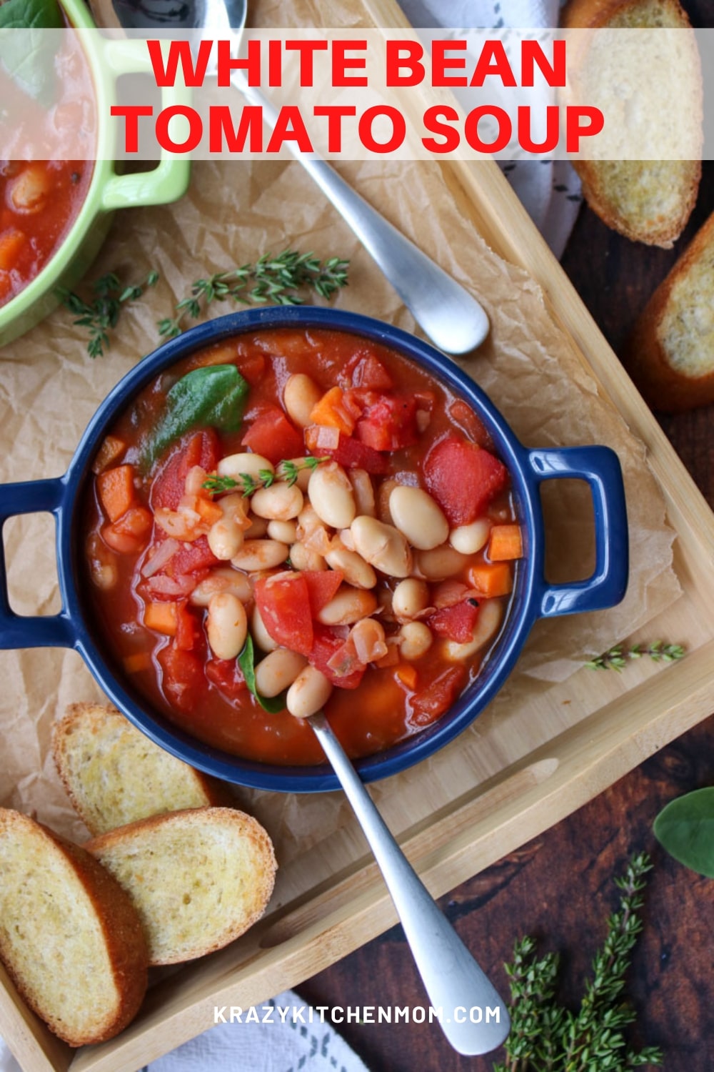 White Bean Tomato Soup is a hearty, low-calorie, low-carb, tomato-based soup. It's made with canned tomatoes, beans, carrots, spinach, herbs, and spices. via @krazykitchenmom