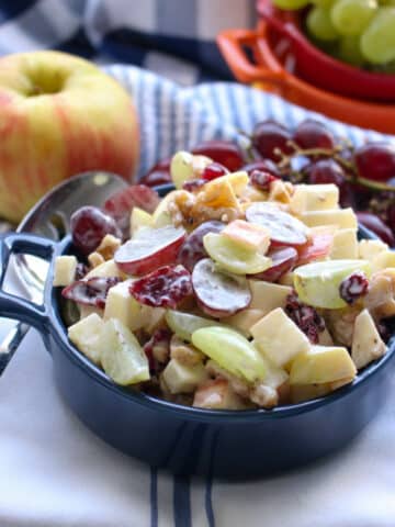 blue bowl filled with Waldorf Salad