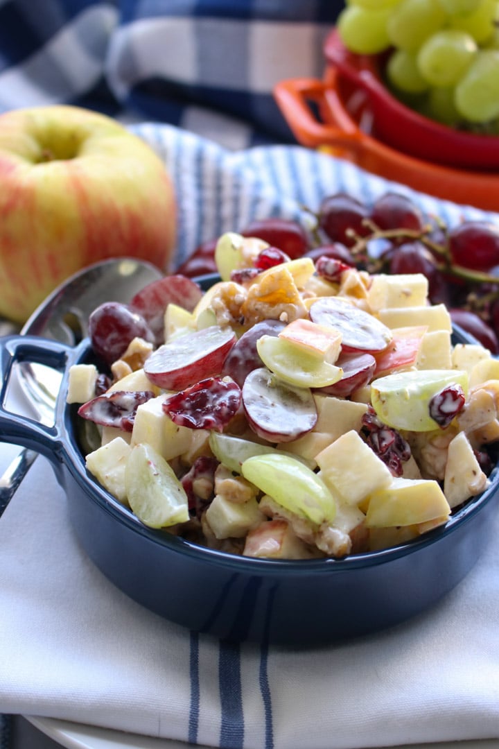 blue bowl filled with Waldorf Salad