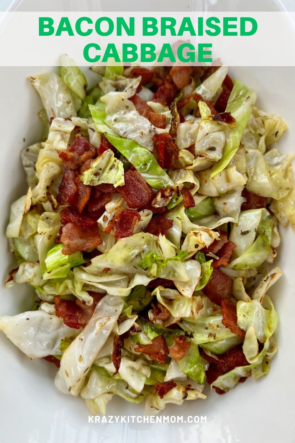 Tender cabbage greens with crispy pieces of bacon. This vegetable side dish is perfect with pork, chicken, corned beef, or fish.  via @krazykitchenmom