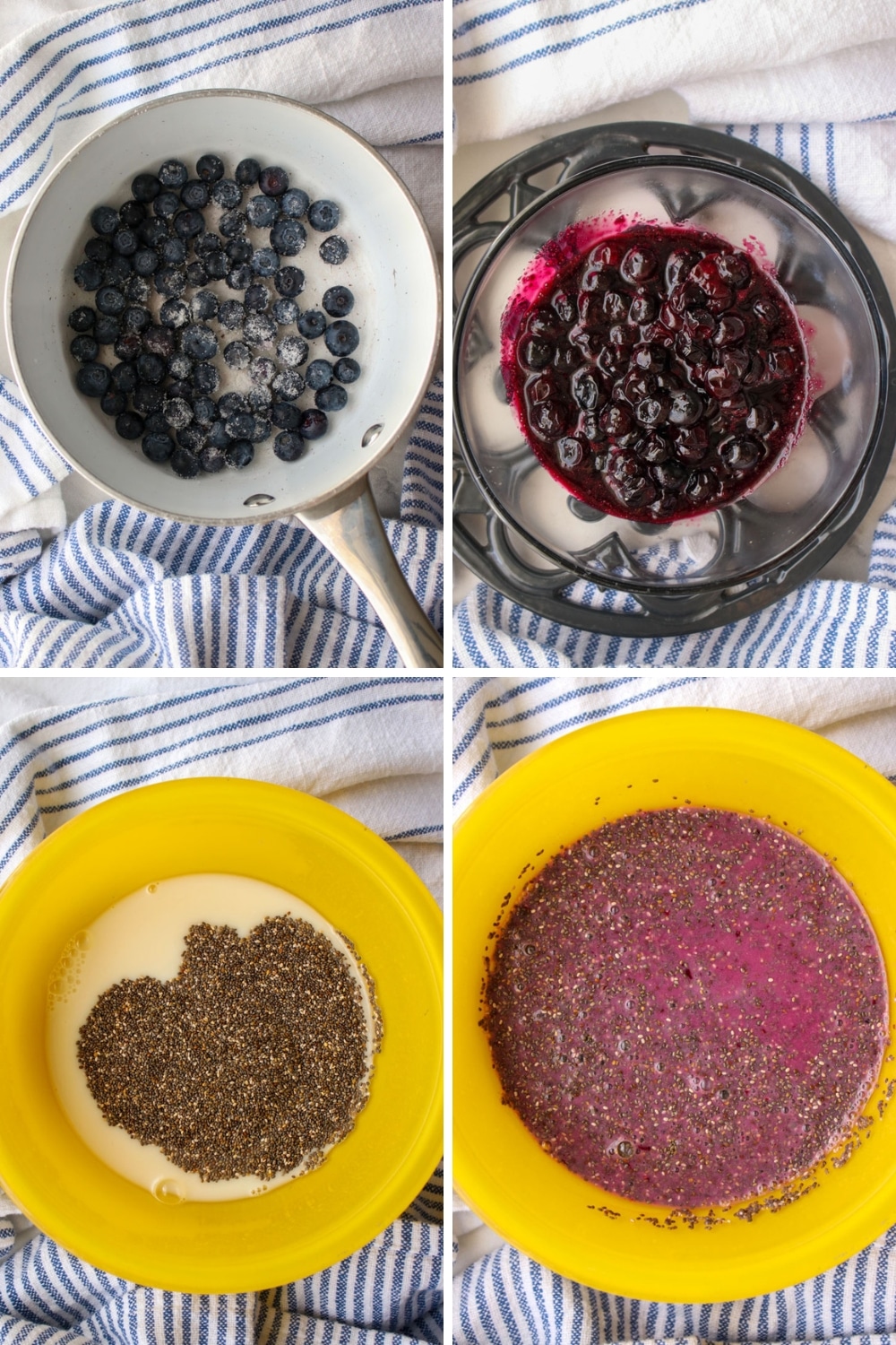 4 photos showing how to make blueberry chia pudding