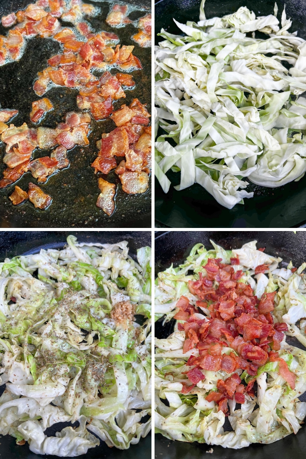 4 photos showing how to make bacon braised cabbage