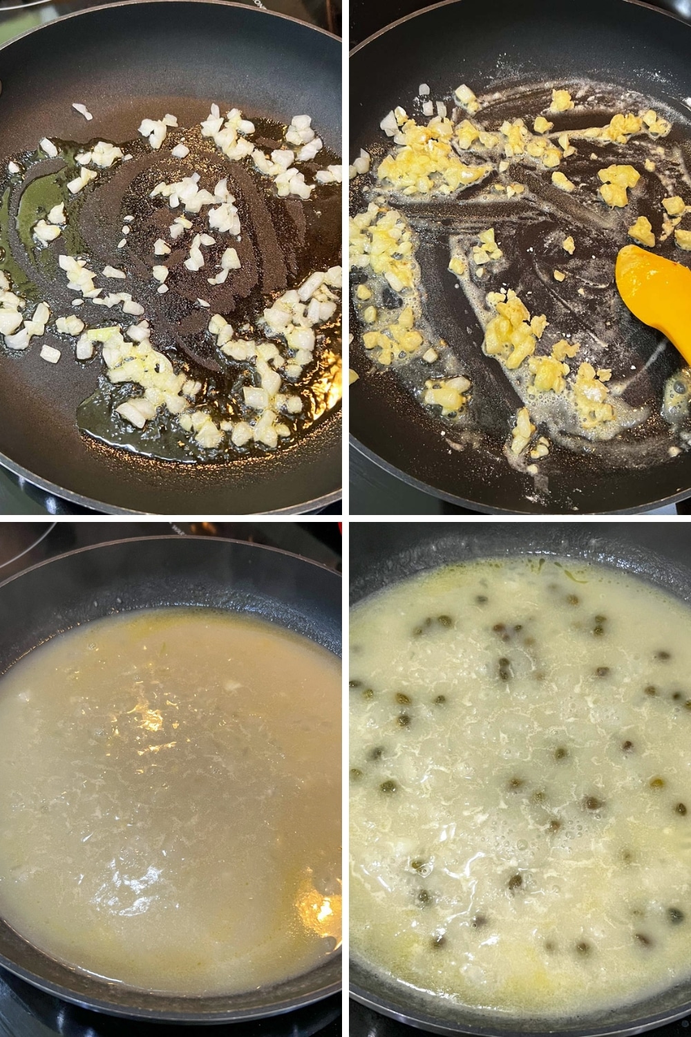 4 photos showing how to make lemon caper meatball sauce