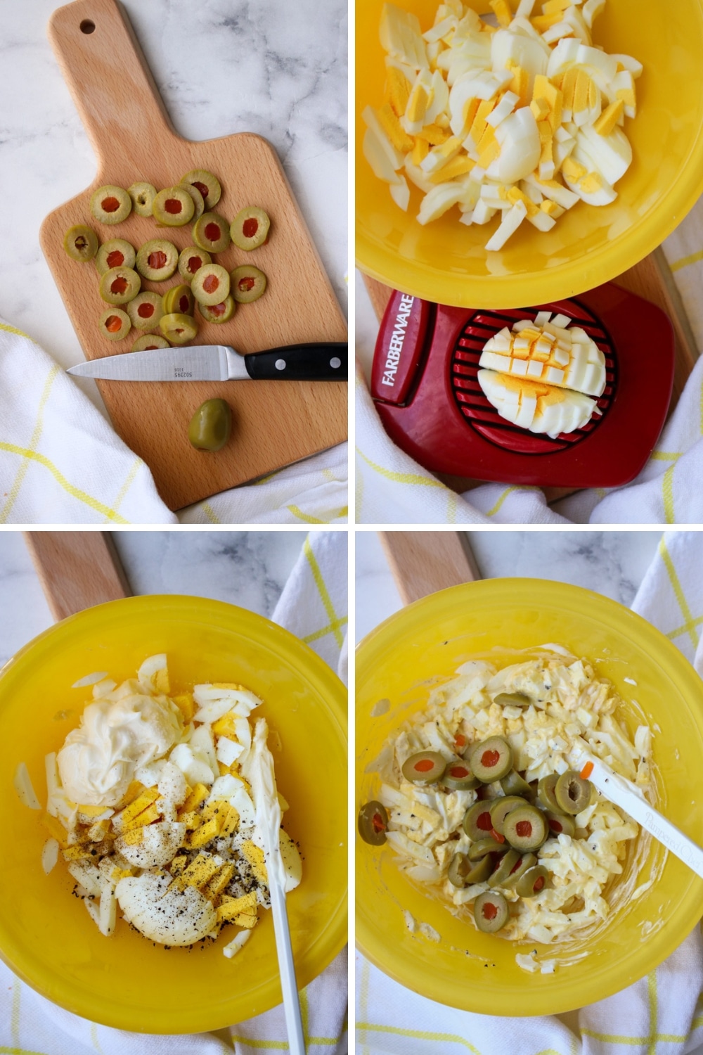 four photos showing how to make olive egg salad