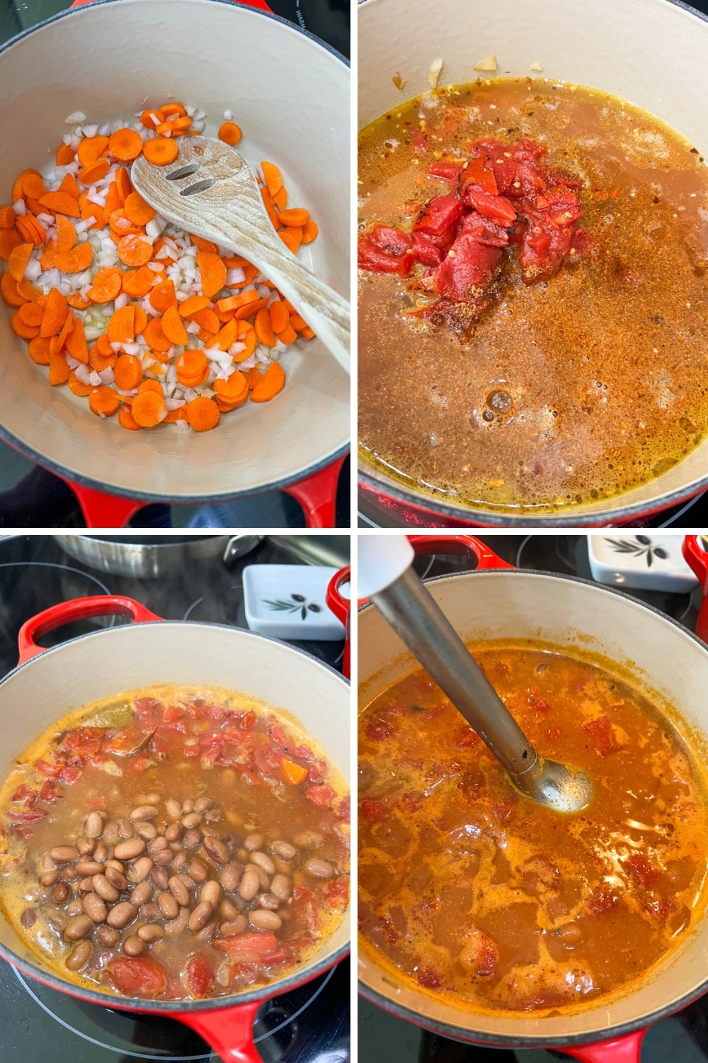 four photos showing how to make pinto bean soup