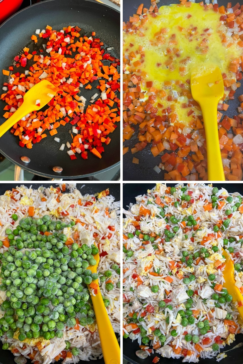 four photos showing how to make chicken fried rice