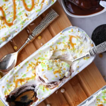 no-bake cookie cake with a spoon full sitting on top