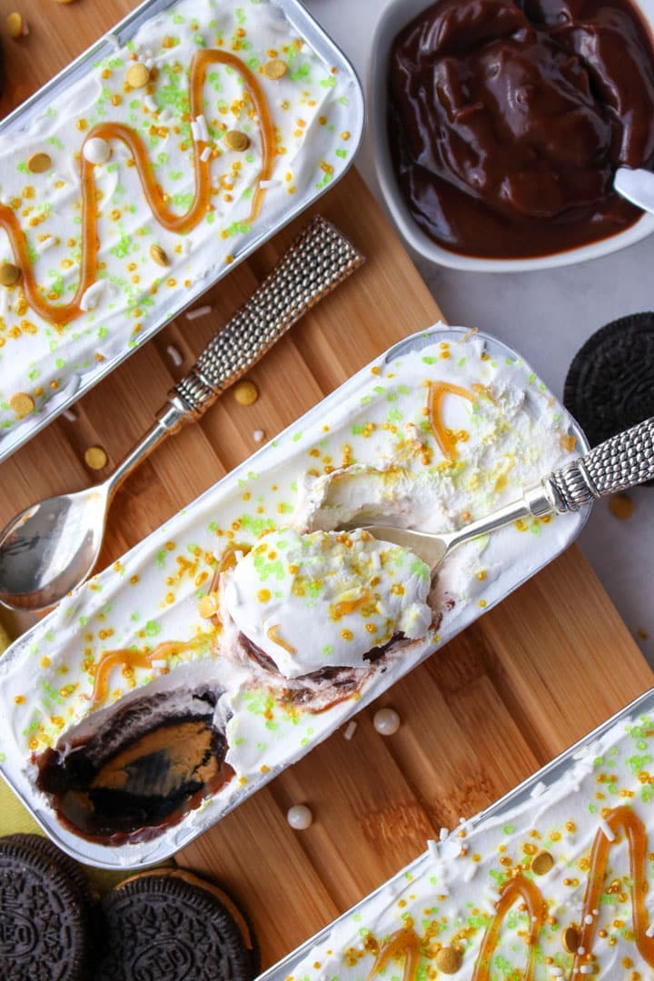 no-bake cookie cake with a spoon full sitting on top