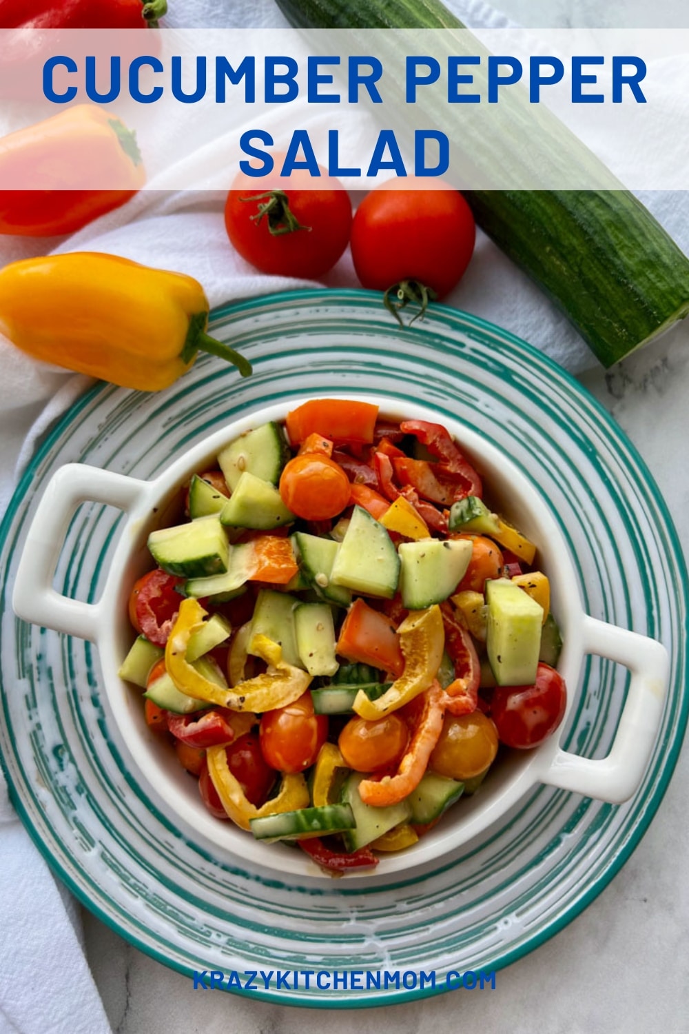 Cucumber Pepper Salad is a bright refreshing summer salad that pops with garden fresh vegetables and tangy sesame dressing. via @krazykitchenmom