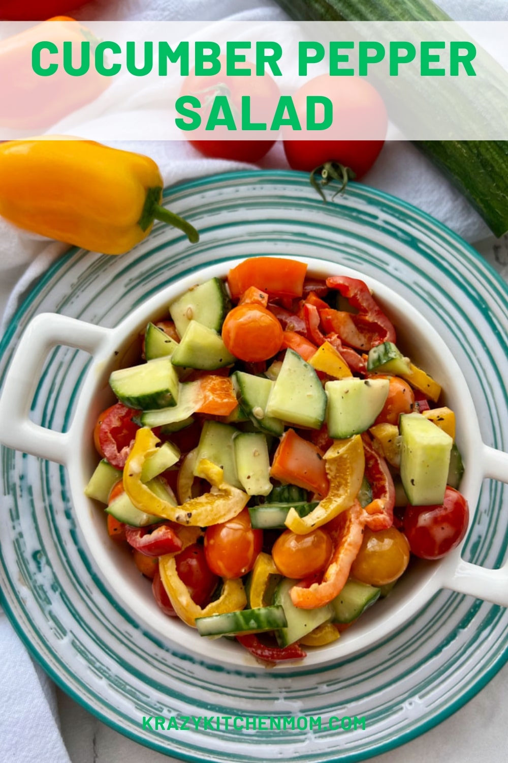 Cucumber Pepper Salad is a bright refreshing summer salad that pops with garden fresh vegetables and tangy sesame dressing. via @krazykitchenmom