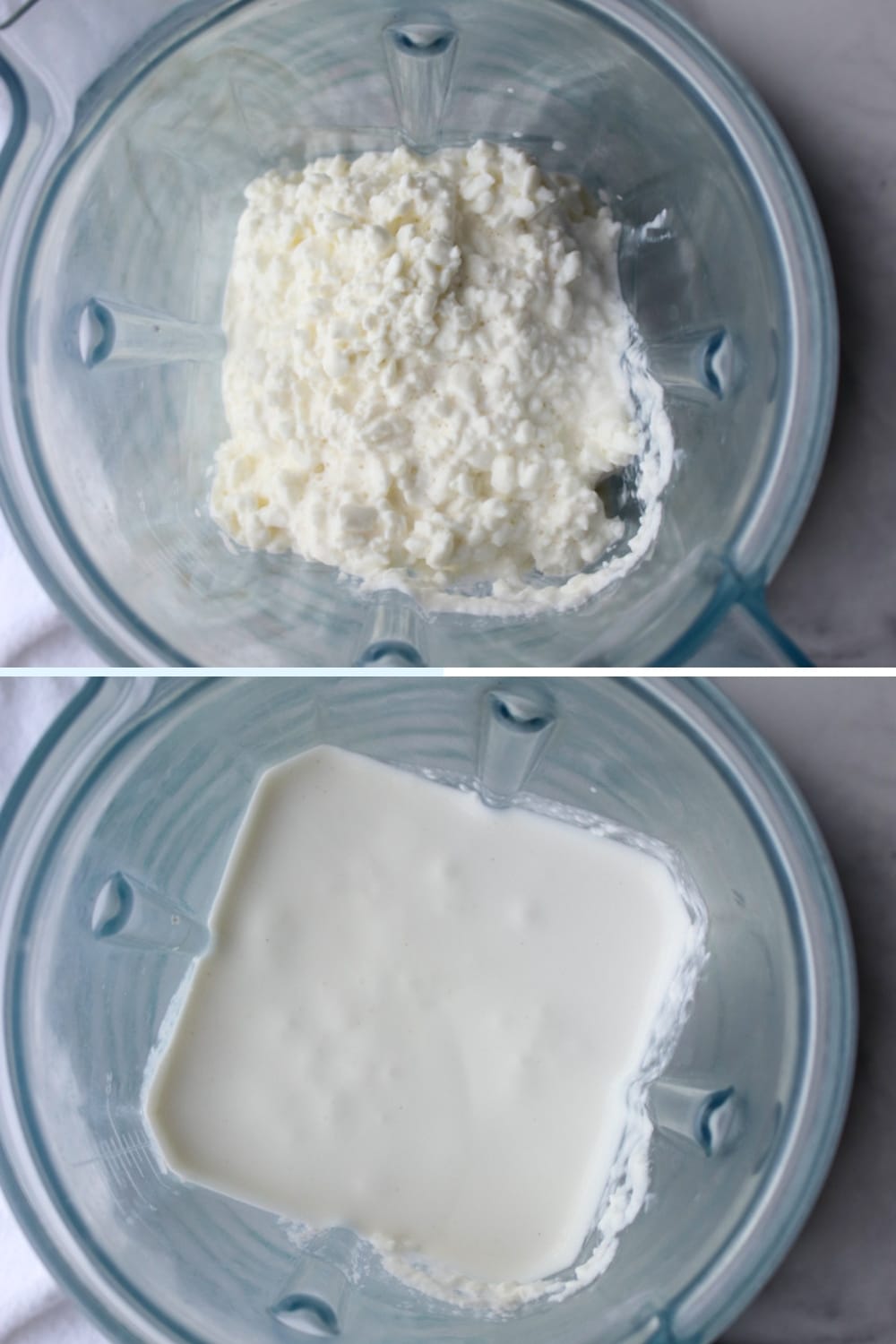 2 photos showing how to make blended cottage cheese in blender