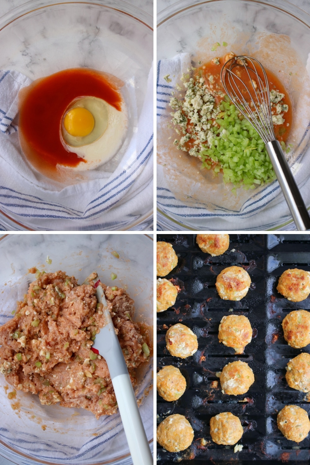 Four photos showing how to make buffalo chicken meatballs