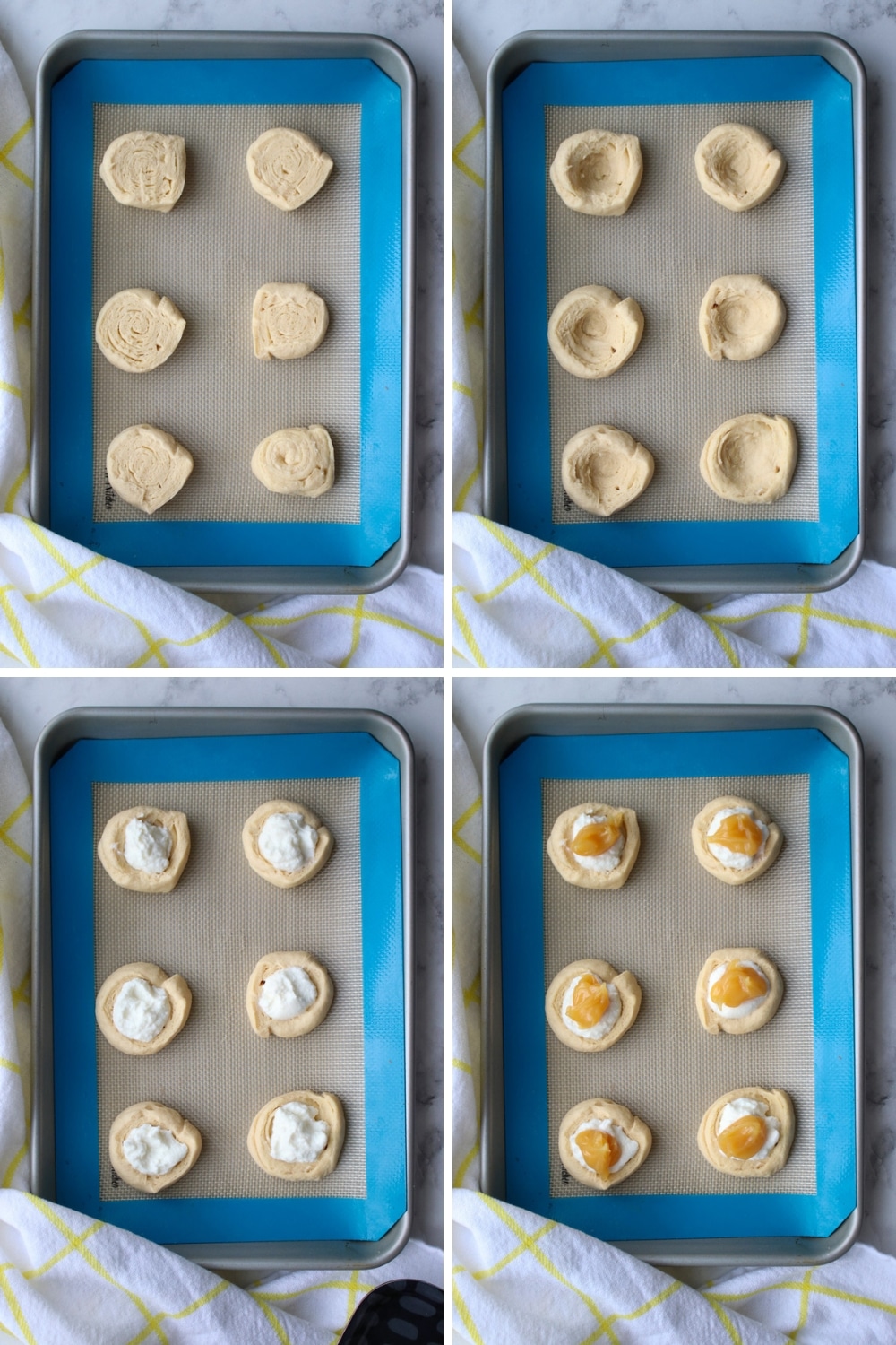 four photos showing how to make Danish