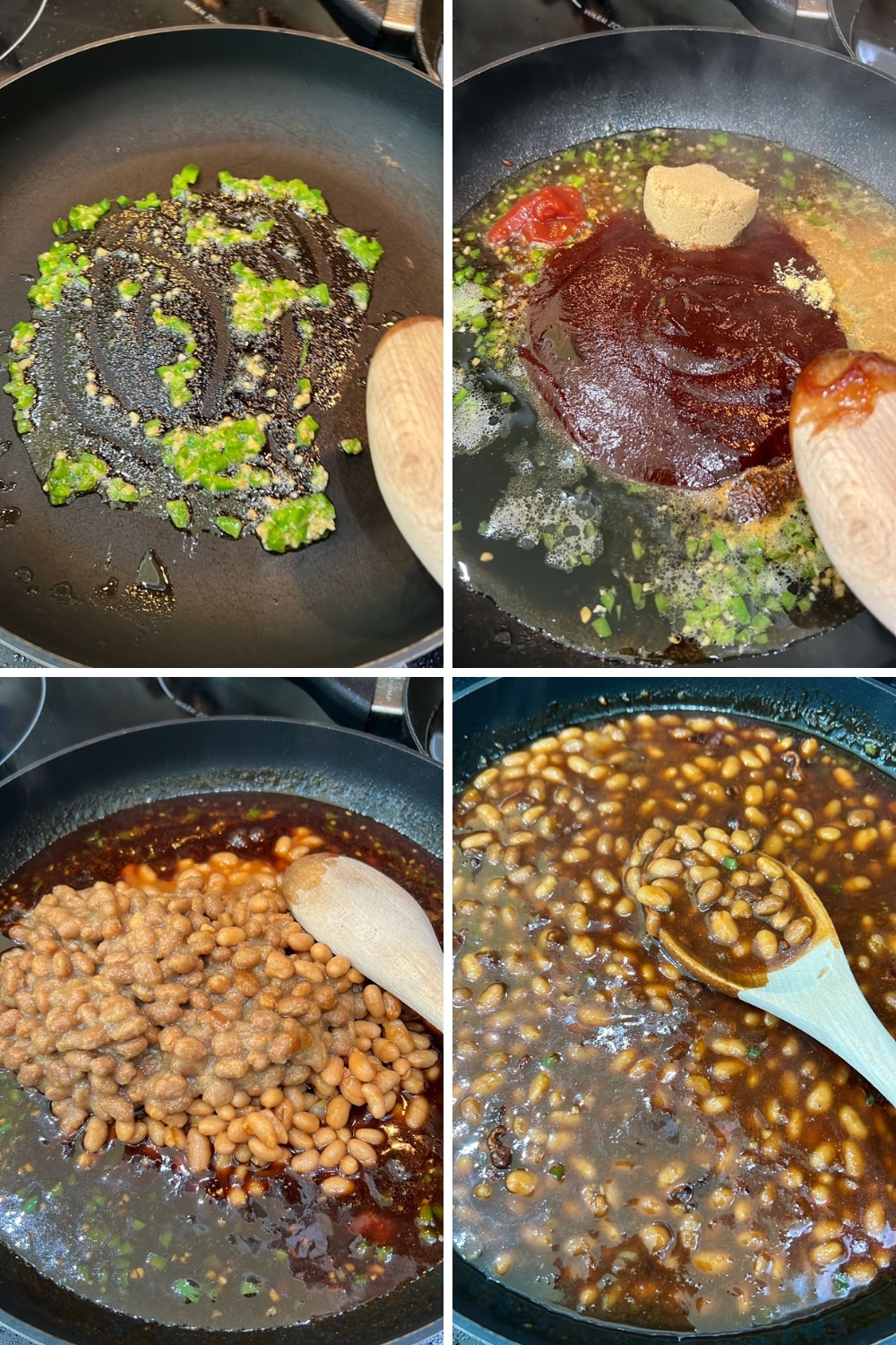 4 photos showing how to make baked beans