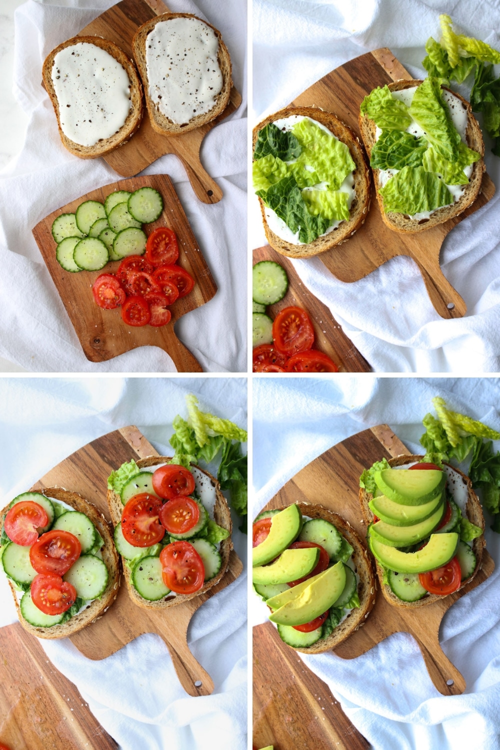 four photos showing hoe to make open face veggie sandwich