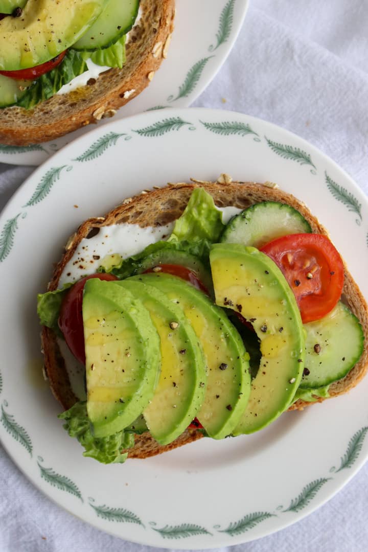 Open-Face Garden Veggie and Blended Cottage Cheese Sandwich on a small plate