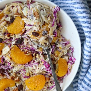 Bowl of creamy orzo coleslaw