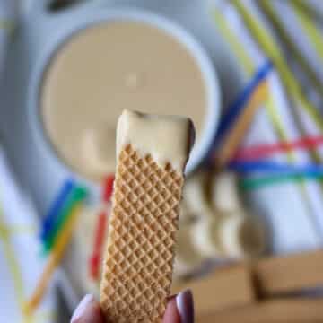 Whipped Cottage Cheese Caramel Dip on a cookie