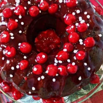 overhead shot of chocolate cherry bundt cake