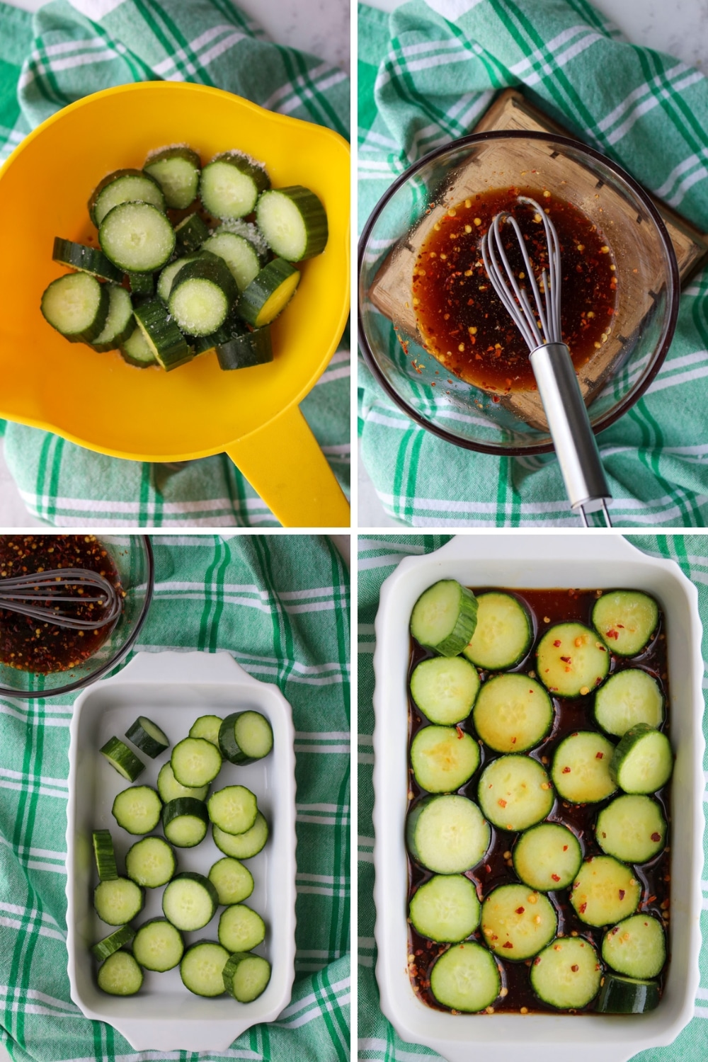 four photos showing how to make Asian style cucumbers