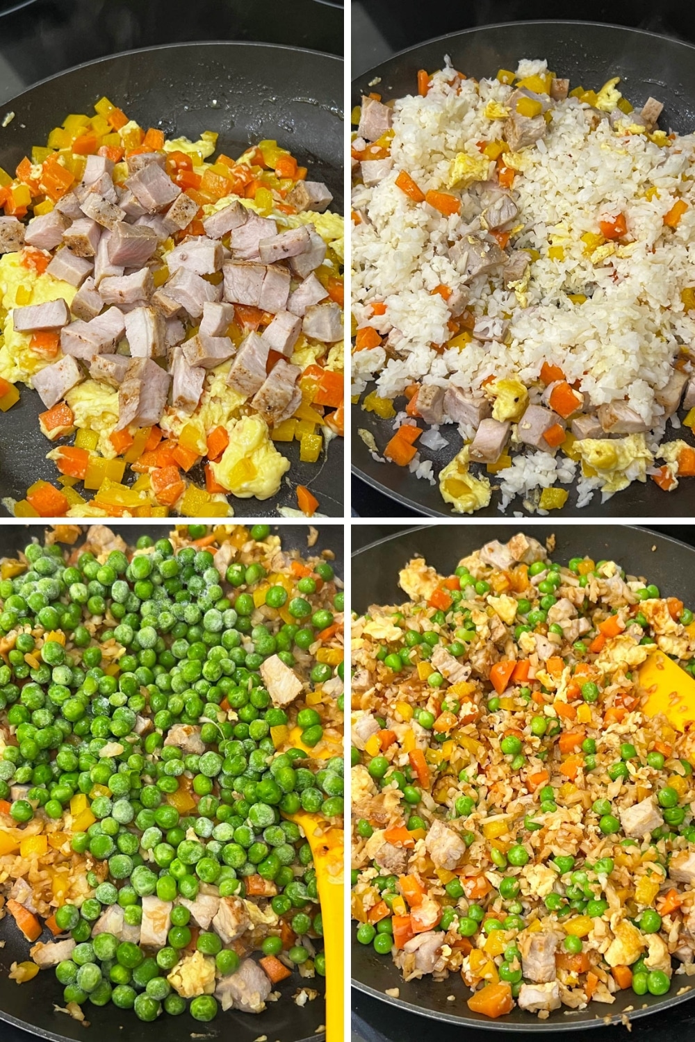 four photos showing how to make cauliflower pork fried rice