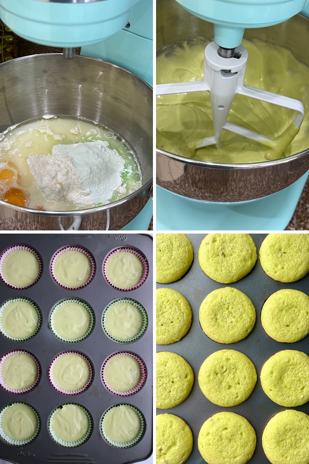 FOUR PHOTOS SHOWING HOW TO MAKE CUPCAKES