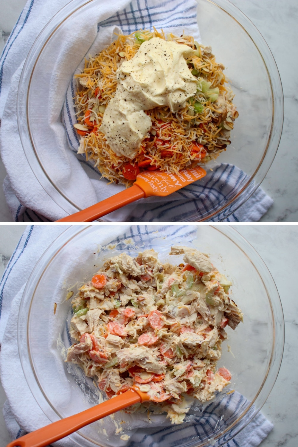 TWO PHOTOS SHOWING HOW TO MAKE ROTISSERIE CHICKEN SALAD CASSEROLE 