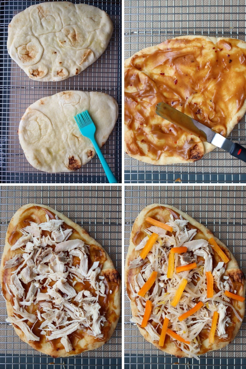 four photos showing how to make Thai peanut rotisserie chicken flatbread