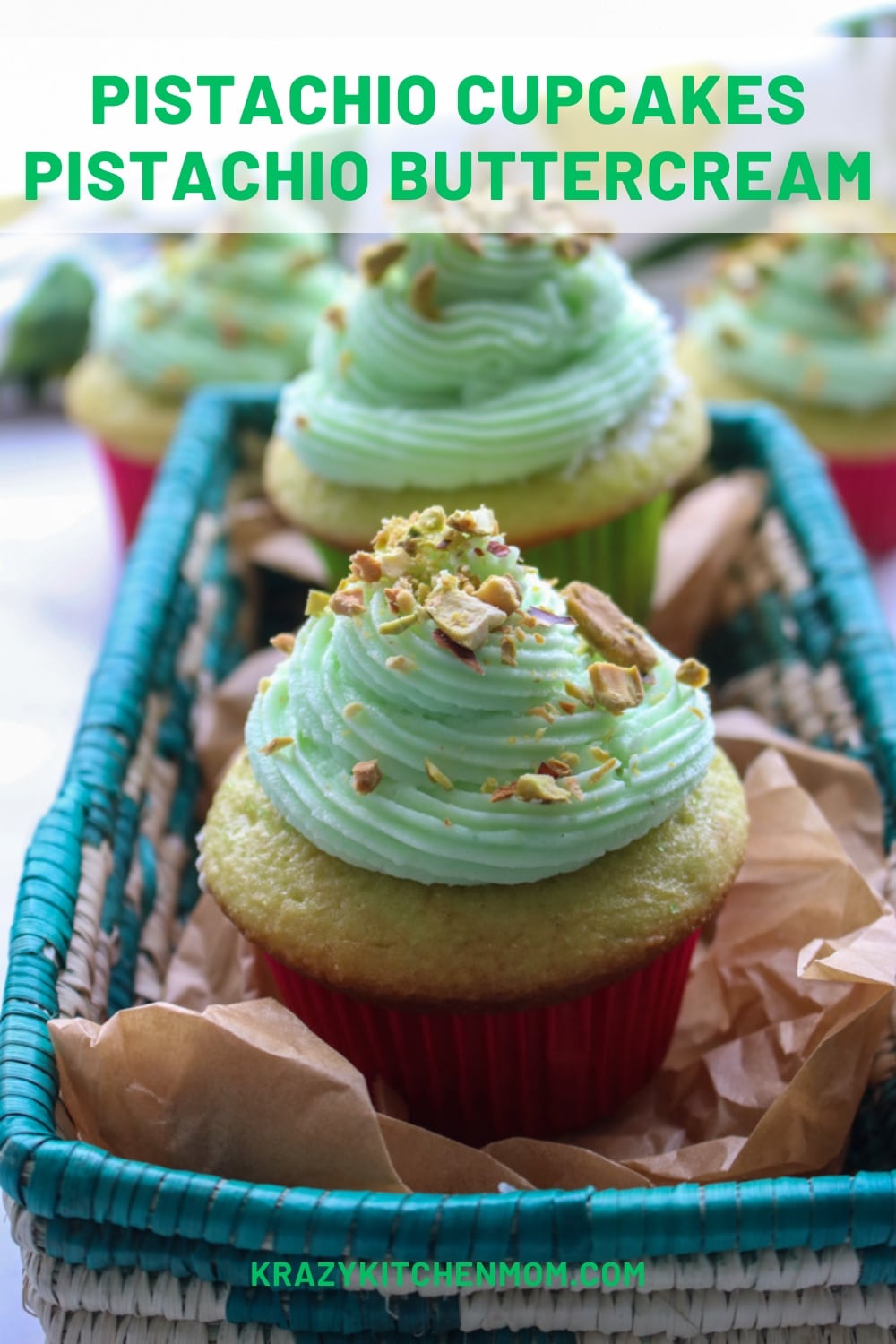 These fluffy light cupcakes are made with a box mix, pistachio pudding and topped with a creamy pistachio buttercream. via @krazykitchenmom