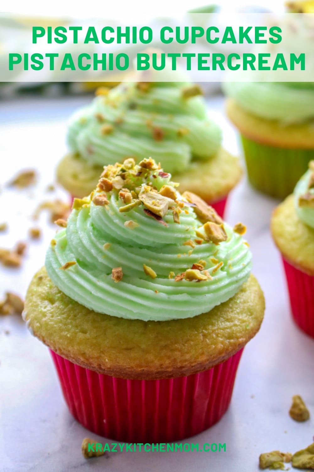 These fluffy light cupcakes are made with a box mix, pistachio pudding topped with a creamy pistachio buttercream. via @krazykitchenmom