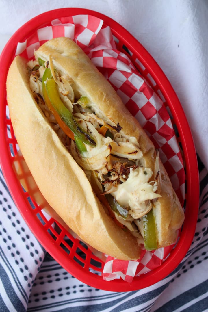 Rotisserie Chicken Philly Cheesesteak in a red basket