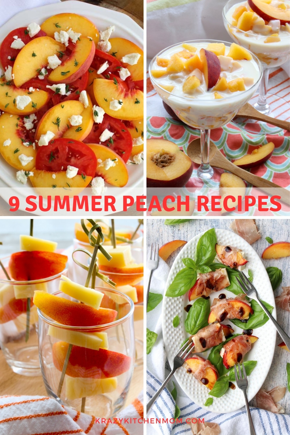 Make summer special with 9 delicious peach recipes! These recipes are perfect for your summer menu, from appetizers to salads to sauces.  via @krazykitchenmom