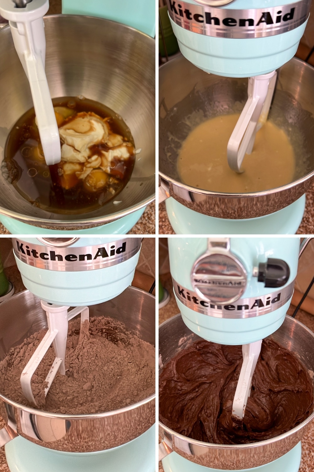 4 photos showing bundt cake being mixed in stand mixer