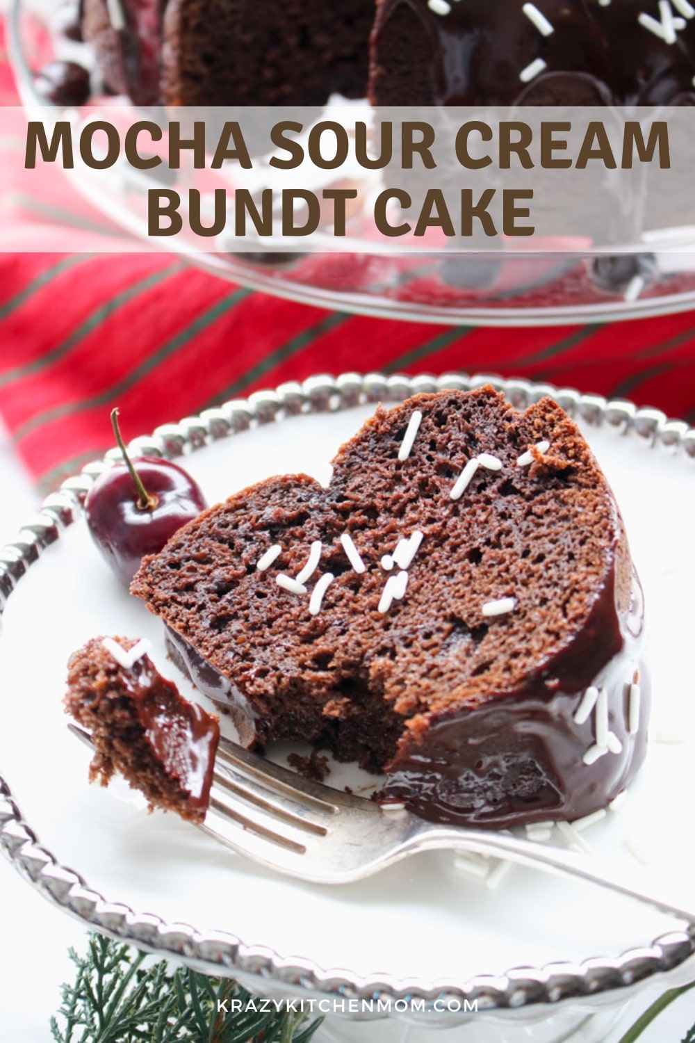 Indulge in the decadence of this moist and flavorful Mocha Sour Cream Bundt Cake topped with a rich chocolate ganache. via @krazykitchenmom