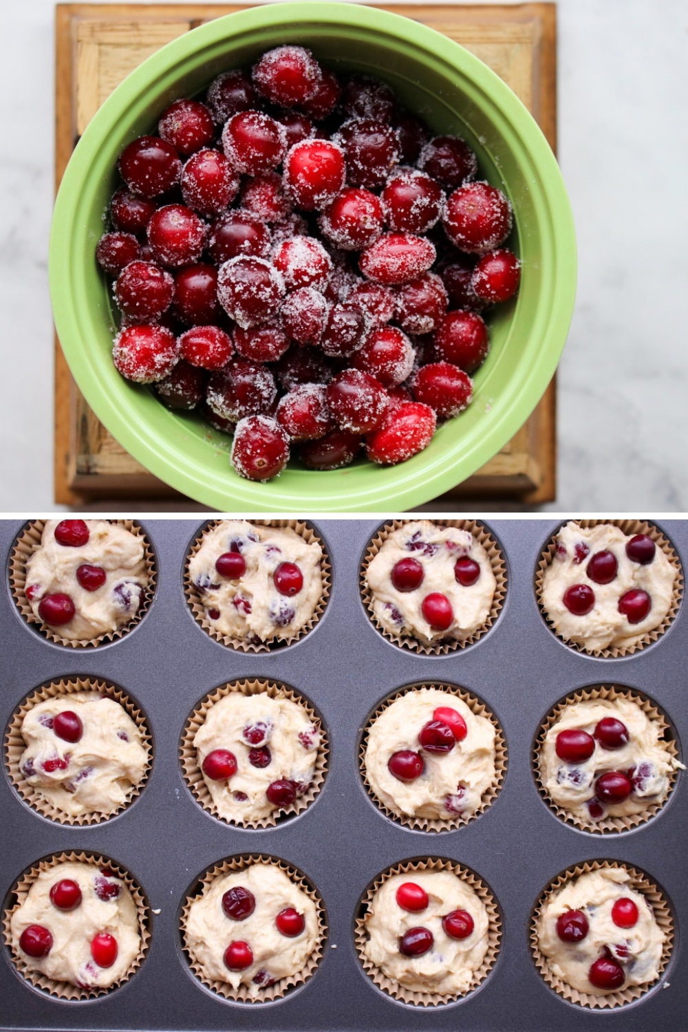 two images showing hot to make cranberry muffins