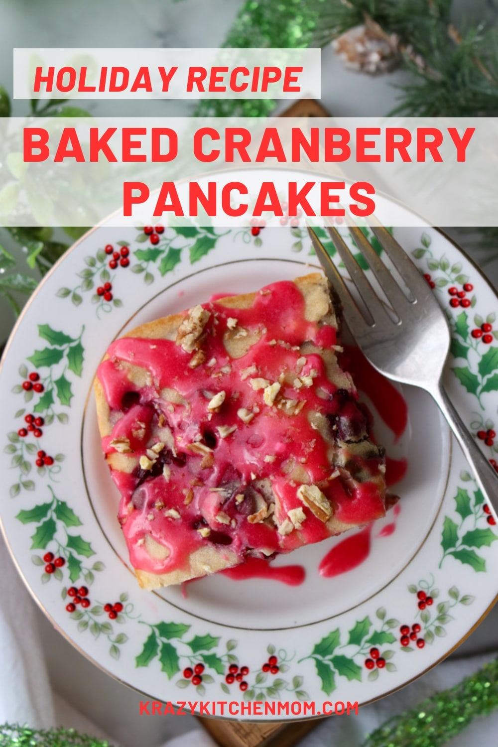 These baked cranberry pancakes are delicious and festive. They're filled with tart fresh cranberries and topped with a cranberry glaze. via @krazykitchenmom