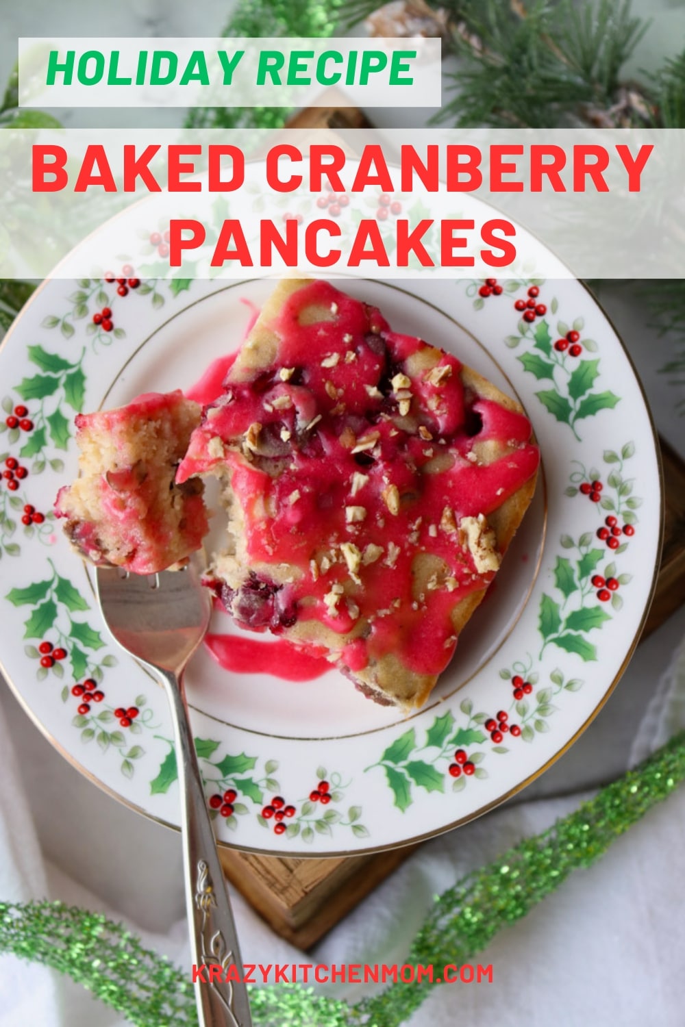 These baked cranberry pancakes are delicious and festive. They're filled with tart fresh cranberries and topped with a cranberry glaze. via @krazykitchenmom